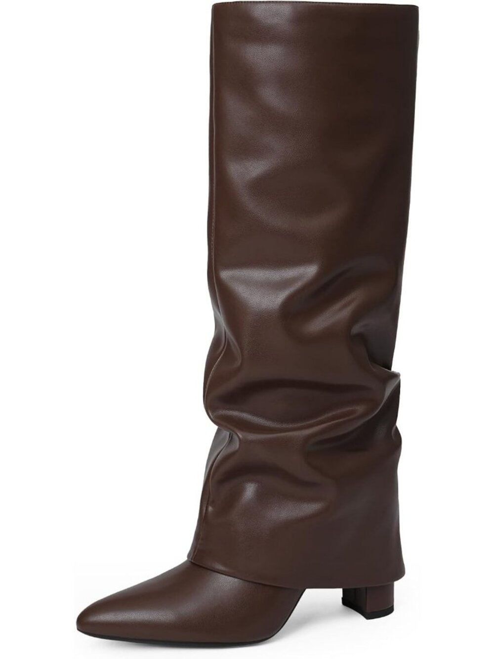Women's Chocolate Knee High Fold Over Boots Chunky Heel Pointed Toe Tall Boots